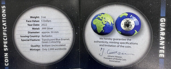 2022 3 oz Barbados Silver Blue Marble Green Planet Earth Spherical $5 Coin BU