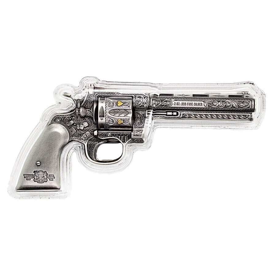 2023 Chad 2 oz Silver Revolver Gun Shaped Antiqued High Relief Coin .999 (w/Box)_1