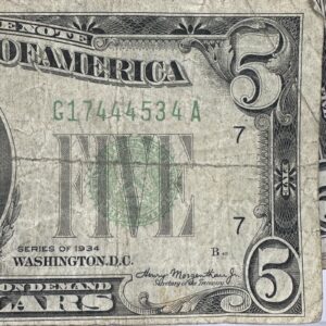 1x Rare 1934 $5 Five Dollar Bill Light Green Seal Federal Reserve Note