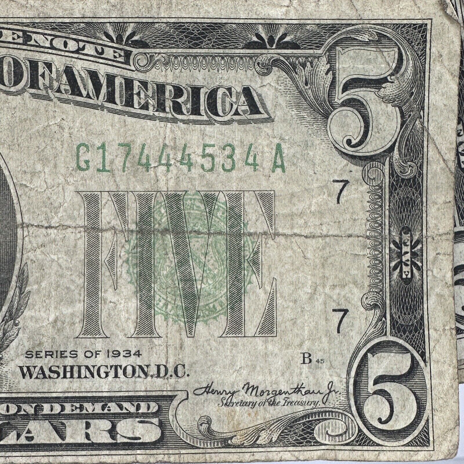 1x Rare 1934 $5 Five Dollar Bill Light Green Seal Federal Reserve Note