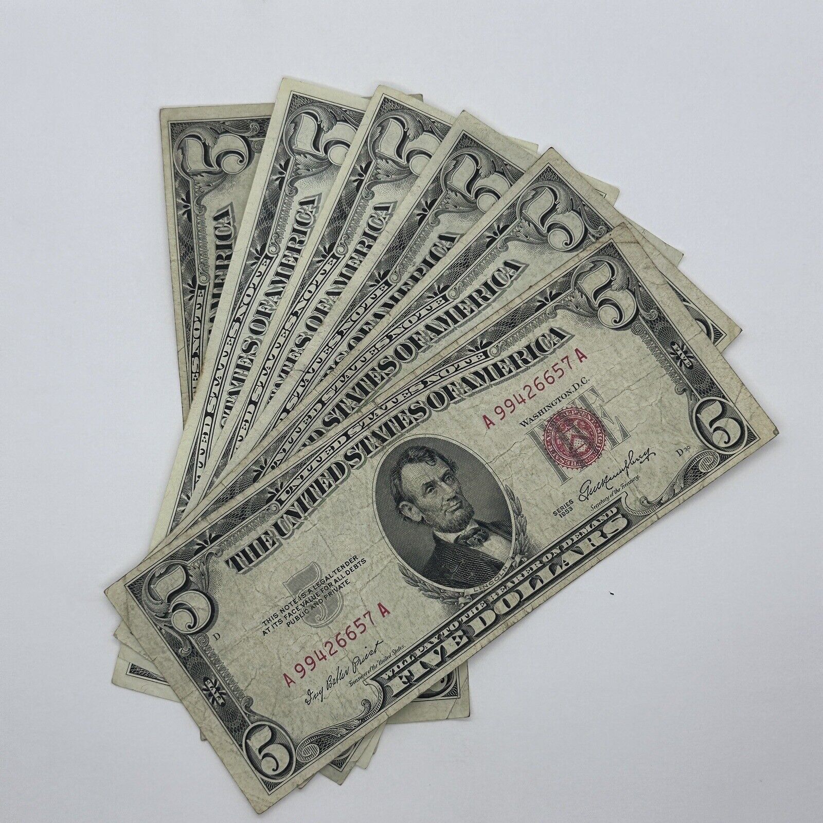 1x Rare 1953 / 1963 $5 Five Dollar Red Seal Bill United States Note