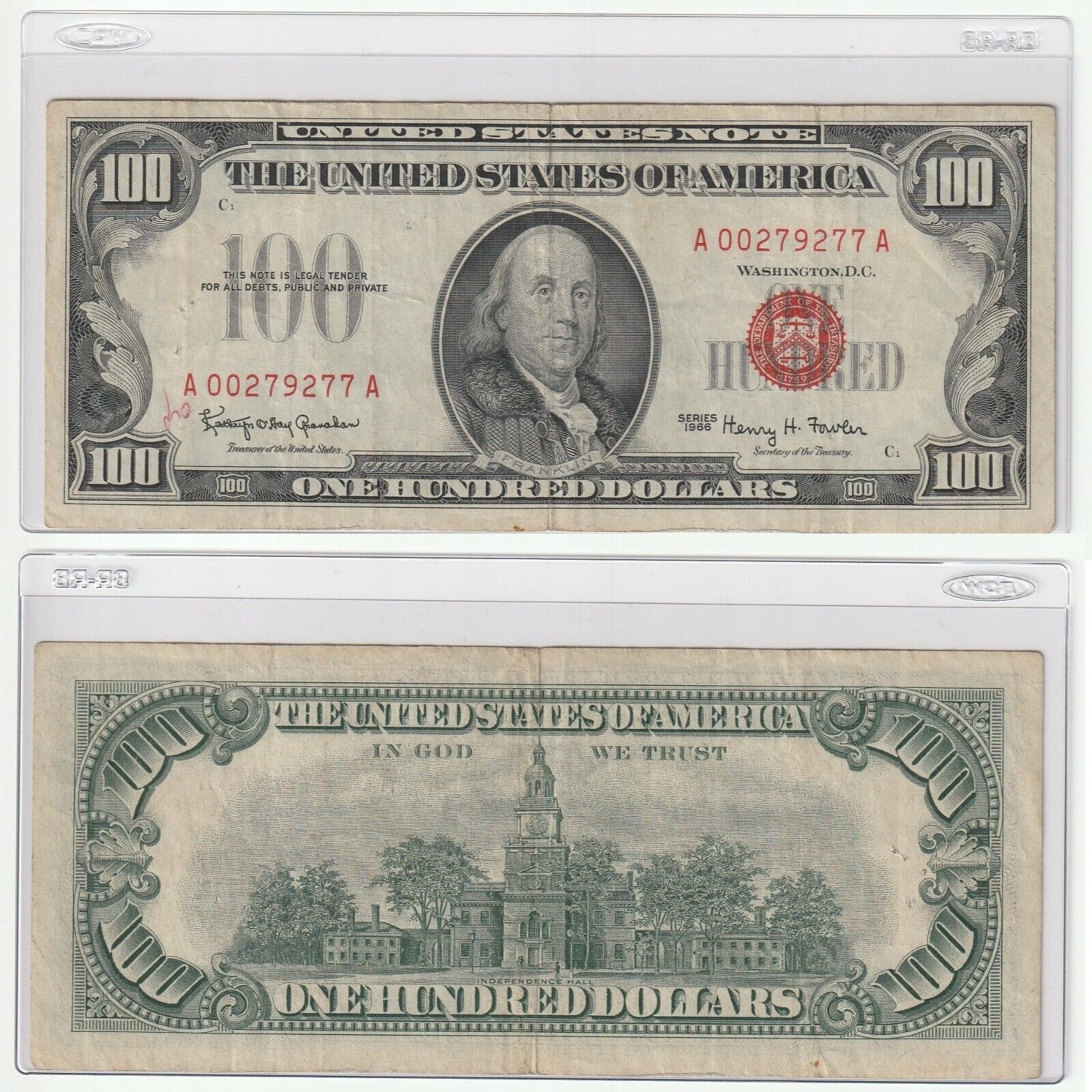 1966 $100 One Hundred Dollar Red Seal United States Note + Rigid Sleeve