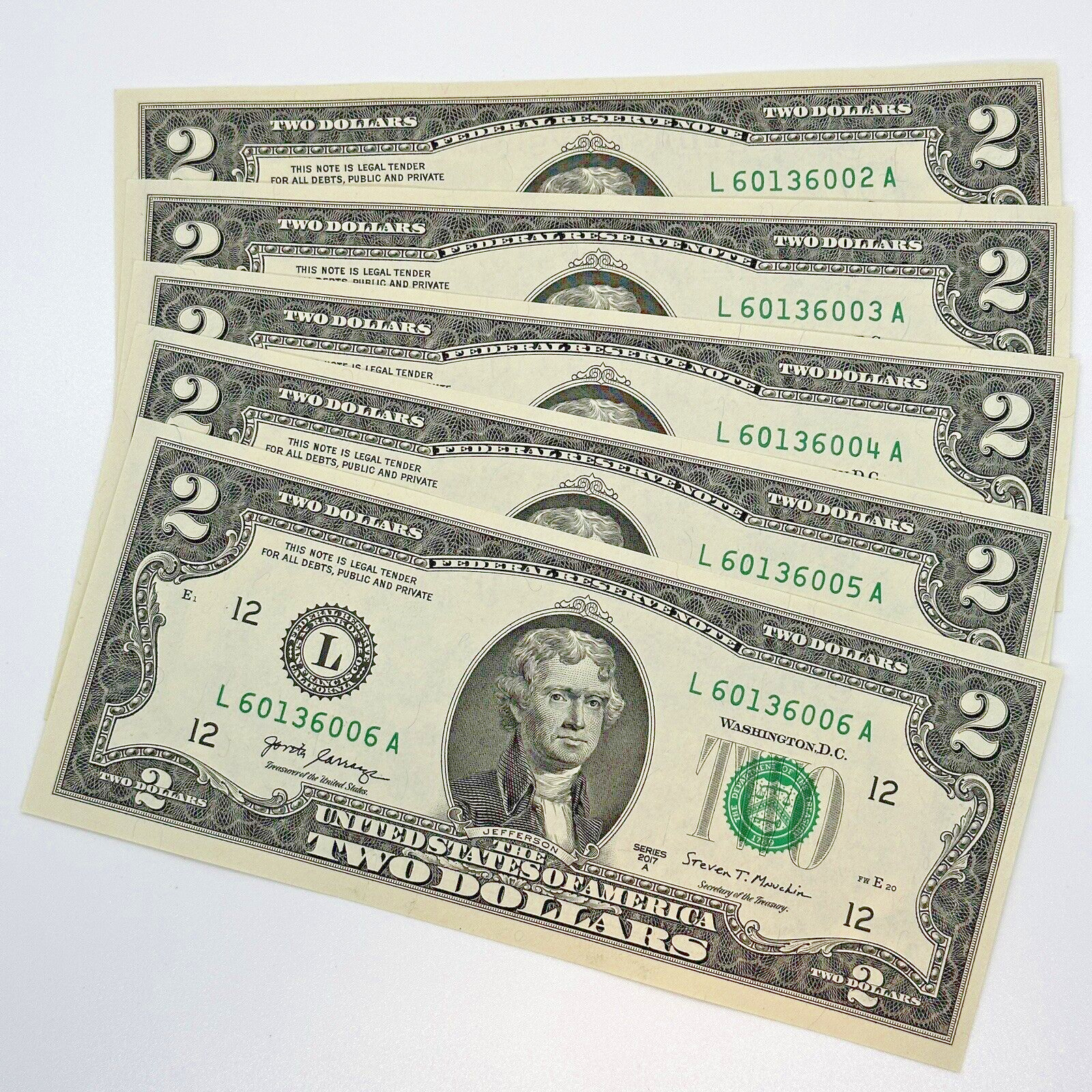 5-Pack of New Crisp Uncirculated $2 Two Dollar Bills Sequential Serial Numbers!_0