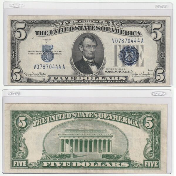 Rare 1934 $5 Five Dollar United States Silver Certificate Blue Seal Bill