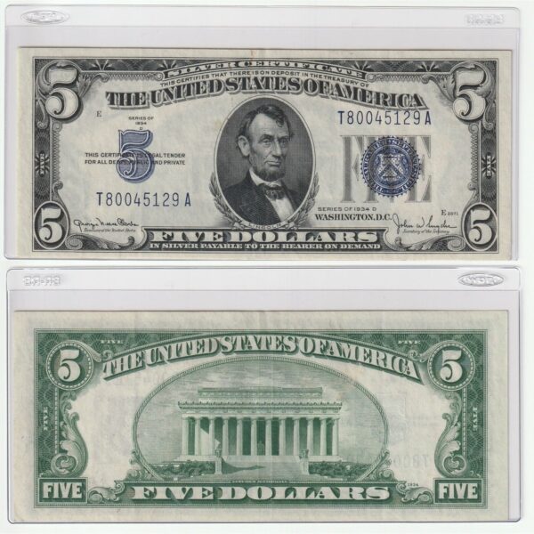 Rare 1934 $5 Five Dollar United States Silver Certificate Blue Seal Bill