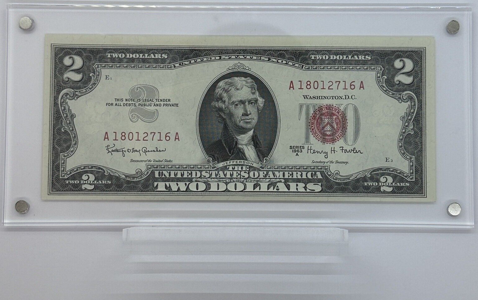 Rare 1963 $2 Two Dollar Red Seal Bill United States Note in Clear Acrylic Holder