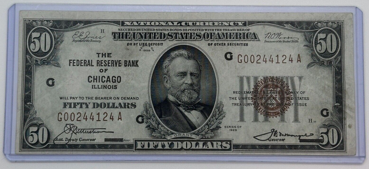 Rare 1929 $50 Fifty Dollar Brown Seal Bill National Currency Note Chicago Fed