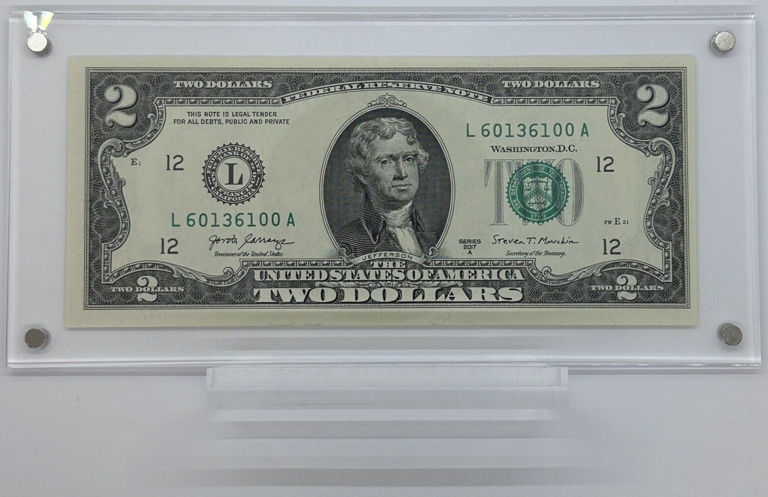 Rare 2017 $2 Two Dollar Bill Federal Reserve Note in Clear Acrylic Holder_0