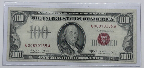 1966-A $100 One Hundred Dollar Red Seal United States Note + Rigid Sleeve