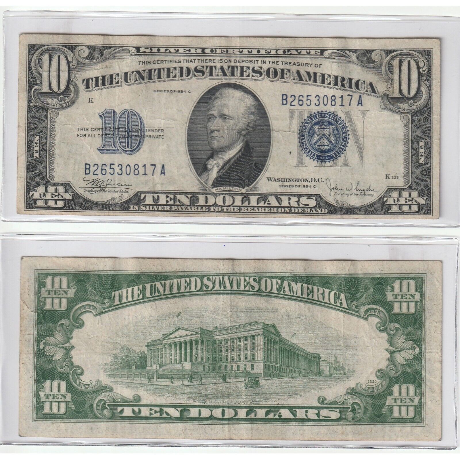 Rare 1934 $10 Ten Dollar United States Silver Certificate Blue Seal Bill