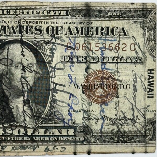 1935 A US $1 One Dollar Silver Certificate WWII Hawaii Short Snorter Note + Peso