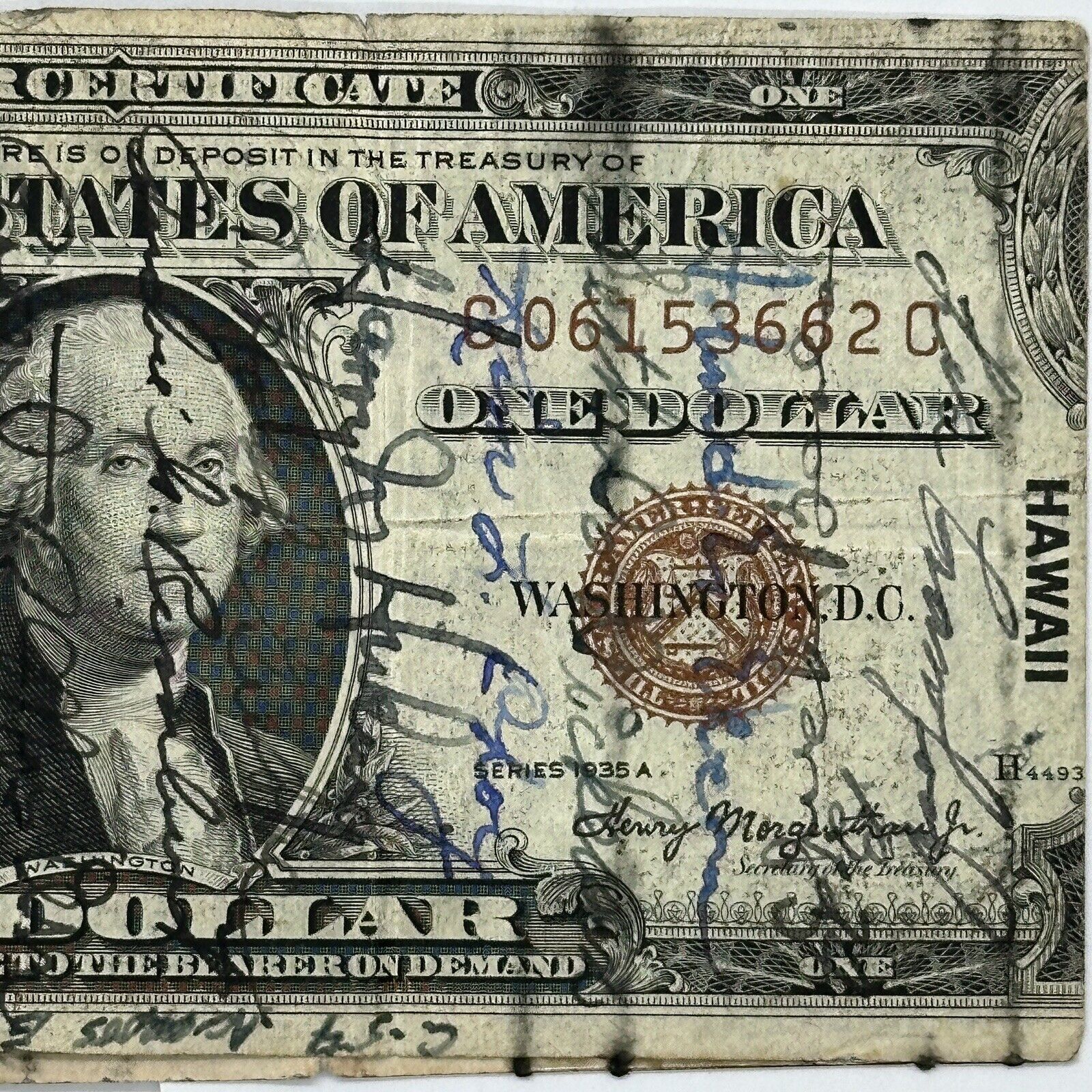 1935 A US $1 One Dollar Silver Certificate WWII Hawaii Short Snorter Note + Peso_0