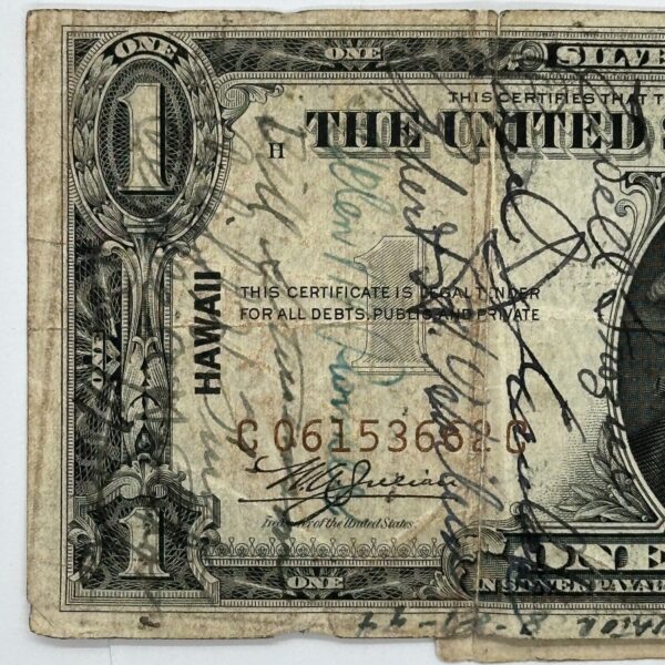 1935 A US $1 One Dollar Silver Certificate WWII Hawaii Short Snorter Note + Peso