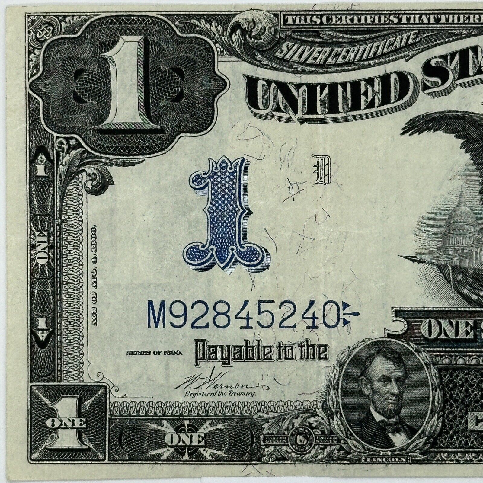 1899 $1 One Dollar US Silver Certificate Large Note Blue Seal Black Eagle_2