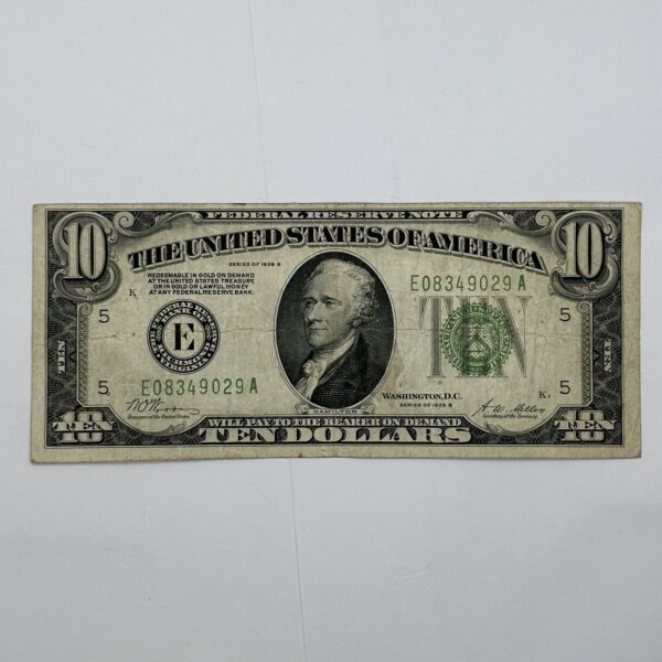 1928 B $10 Ten Dollar Federal Reserve Note Gold Clause Green Seal Bill