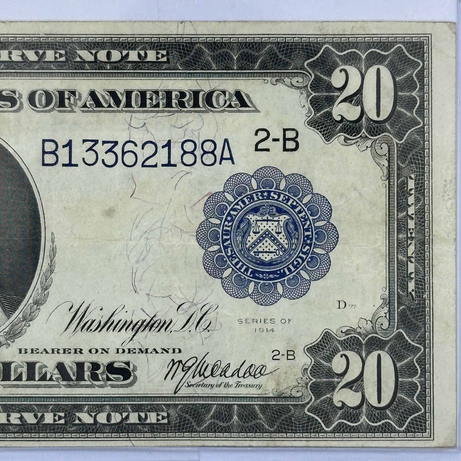 1914 $20 Twenty Dollar United States Federal Reserve Note Large Blue Seal Bill