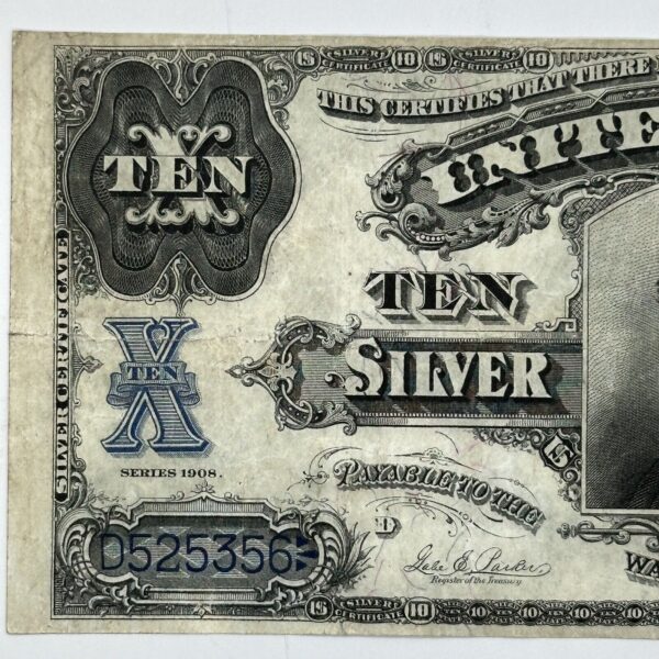 RARE 1908 $10 Ten Dollar United States Silver Certificate Large Blue Seal Bill