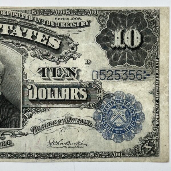 RARE 1908 $10 Ten Dollar United States Silver Certificate Large Blue Seal Bill