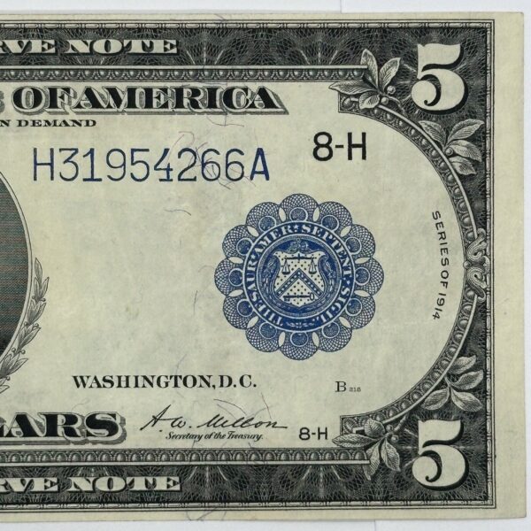 Rare 1914 $5 Five Dollar United States Federal Reserve Note Large Blue Seal Bill