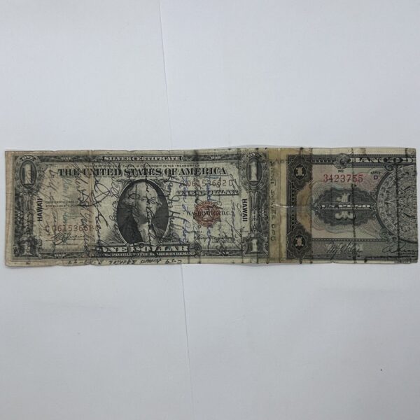 1935 A US $1 One Dollar Silver Certificate WWII Hawaii Short Snorter Note + Peso