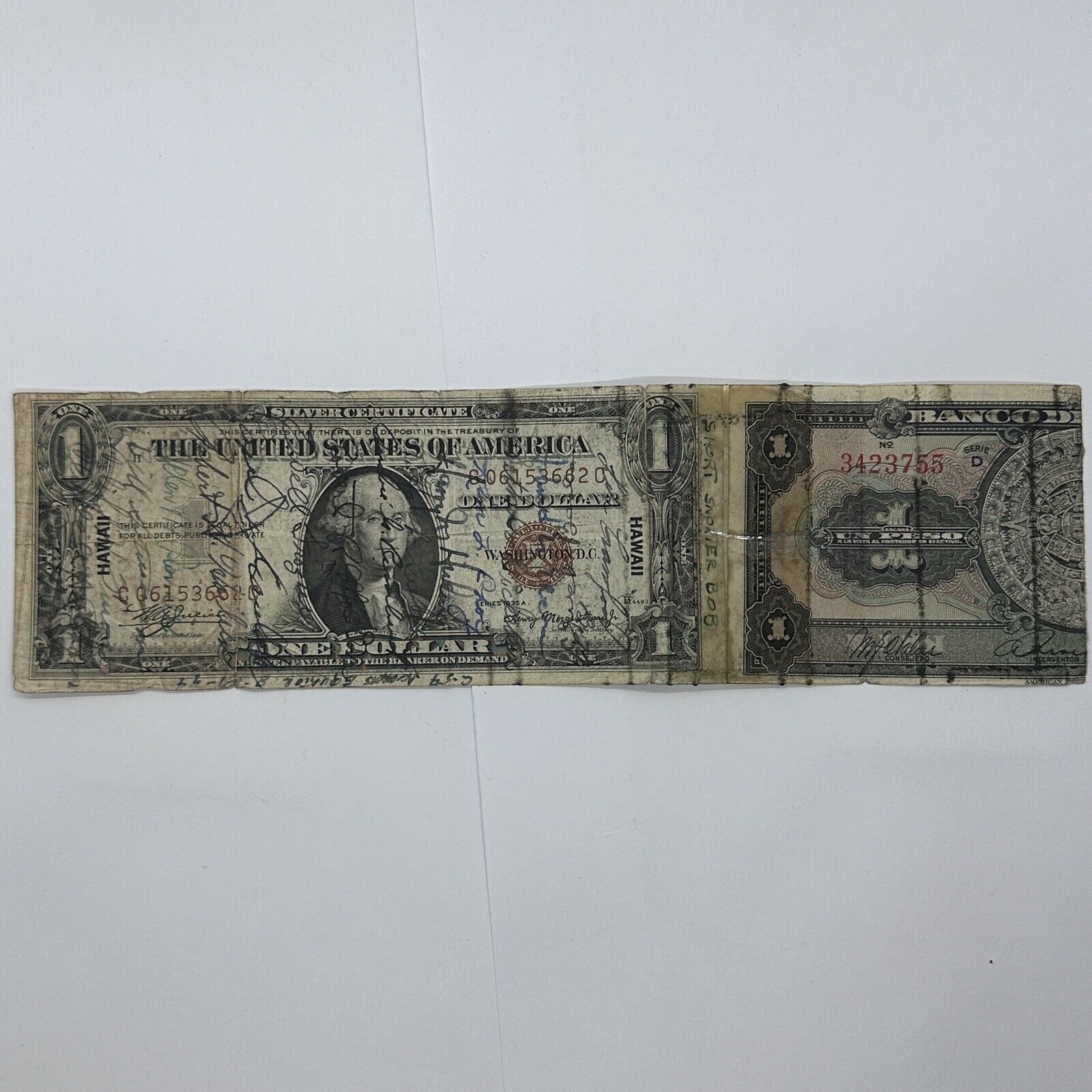 1935 A US $1 One Dollar Silver Certificate WWII Hawaii Short Snorter Note + Peso_8