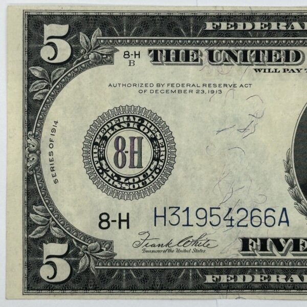 Rare 1914 $5 Five Dollar United States Federal Reserve Note Large Blue Seal Bill