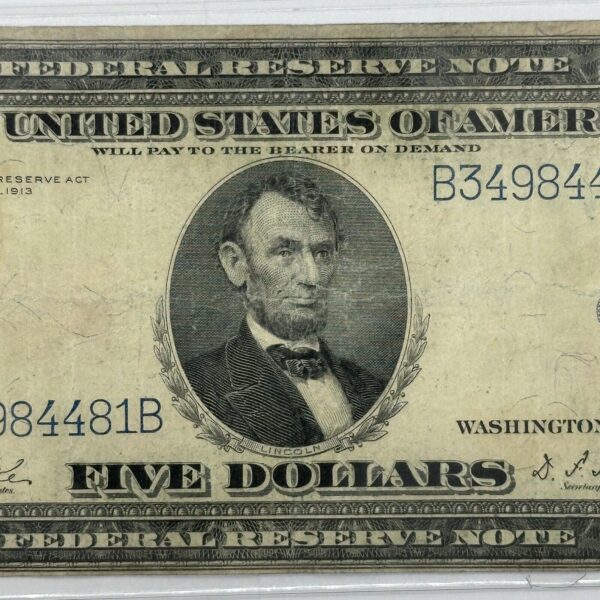 1914 $5 Five Dollar United States Federal Reserve Note Large Blue Seal Bill