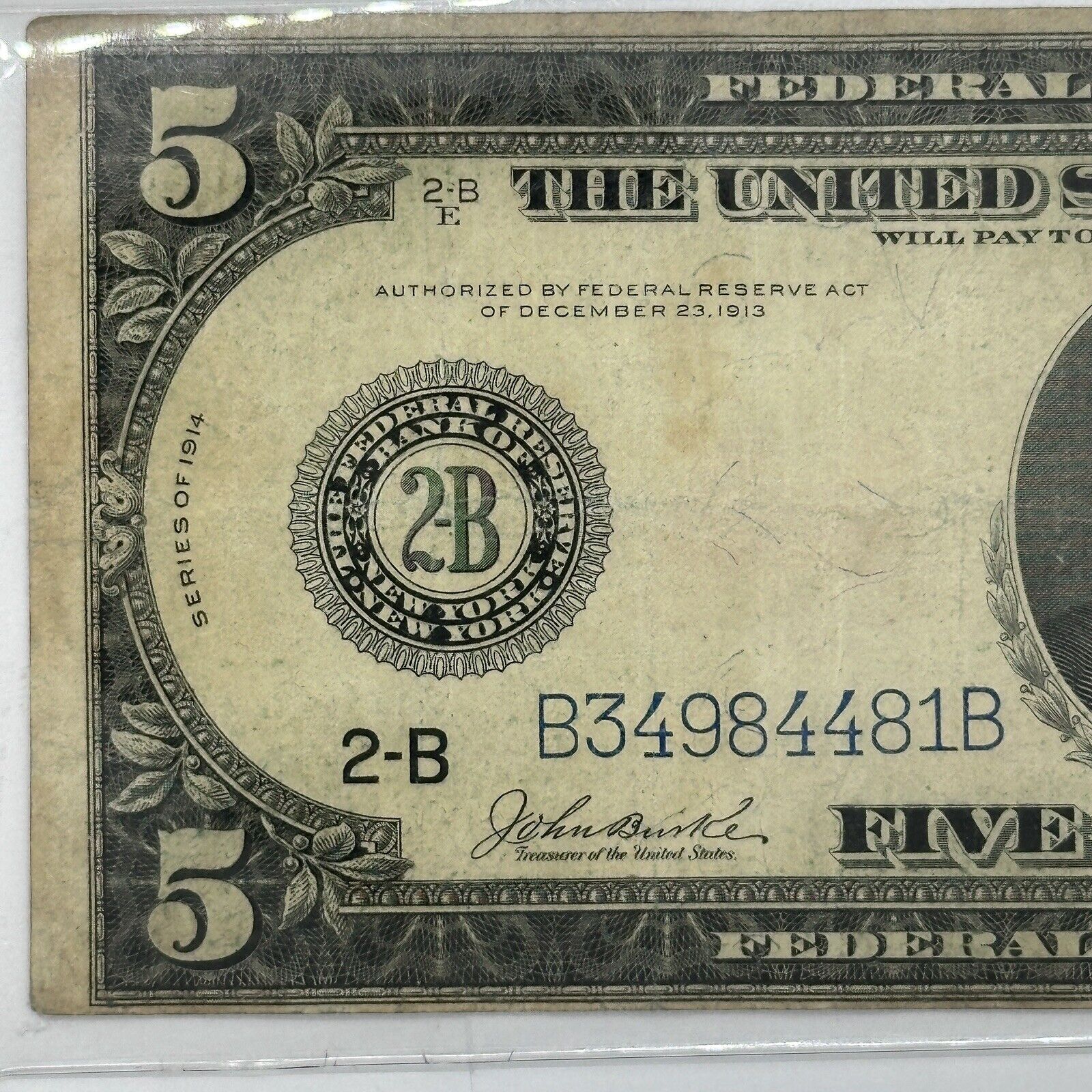 1914 $5 Five Dollar United States Federal Reserve Note Large Blue Seal Bill_2