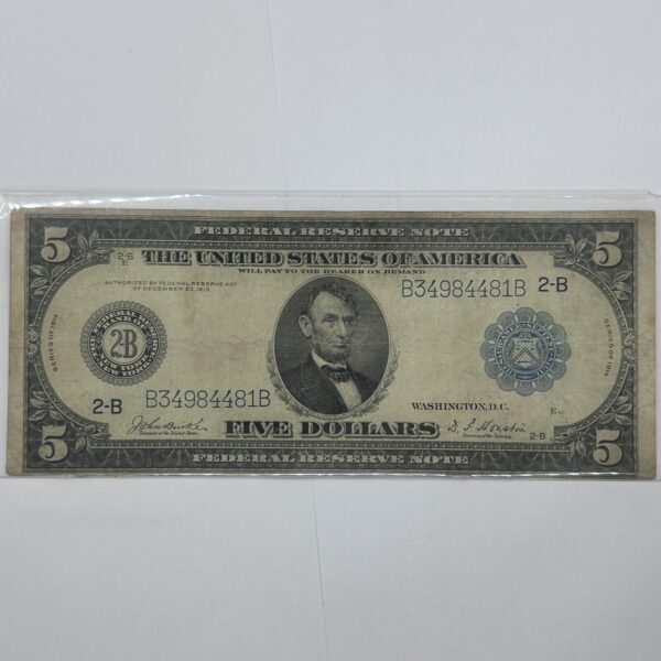 1914 $5 Five Dollar United States Federal Reserve Note Large Blue Seal Bill