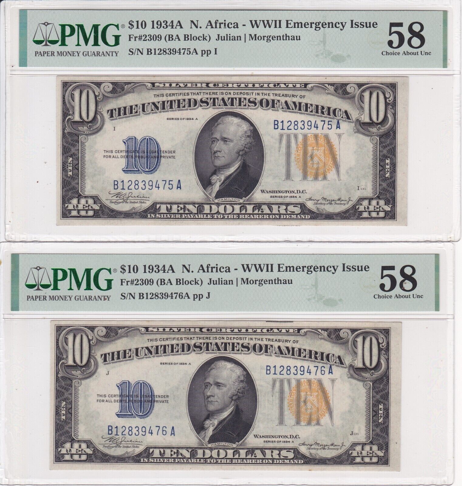 2x Consecutive 1934 A $10 Fr-2309 N. Africa WWII Emergency Note PMG 58 Choice AU