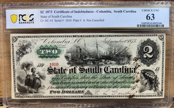 1873 $2 Two Dollar Bill State Of South Carolina Columbia SC Note Choice Unc 63