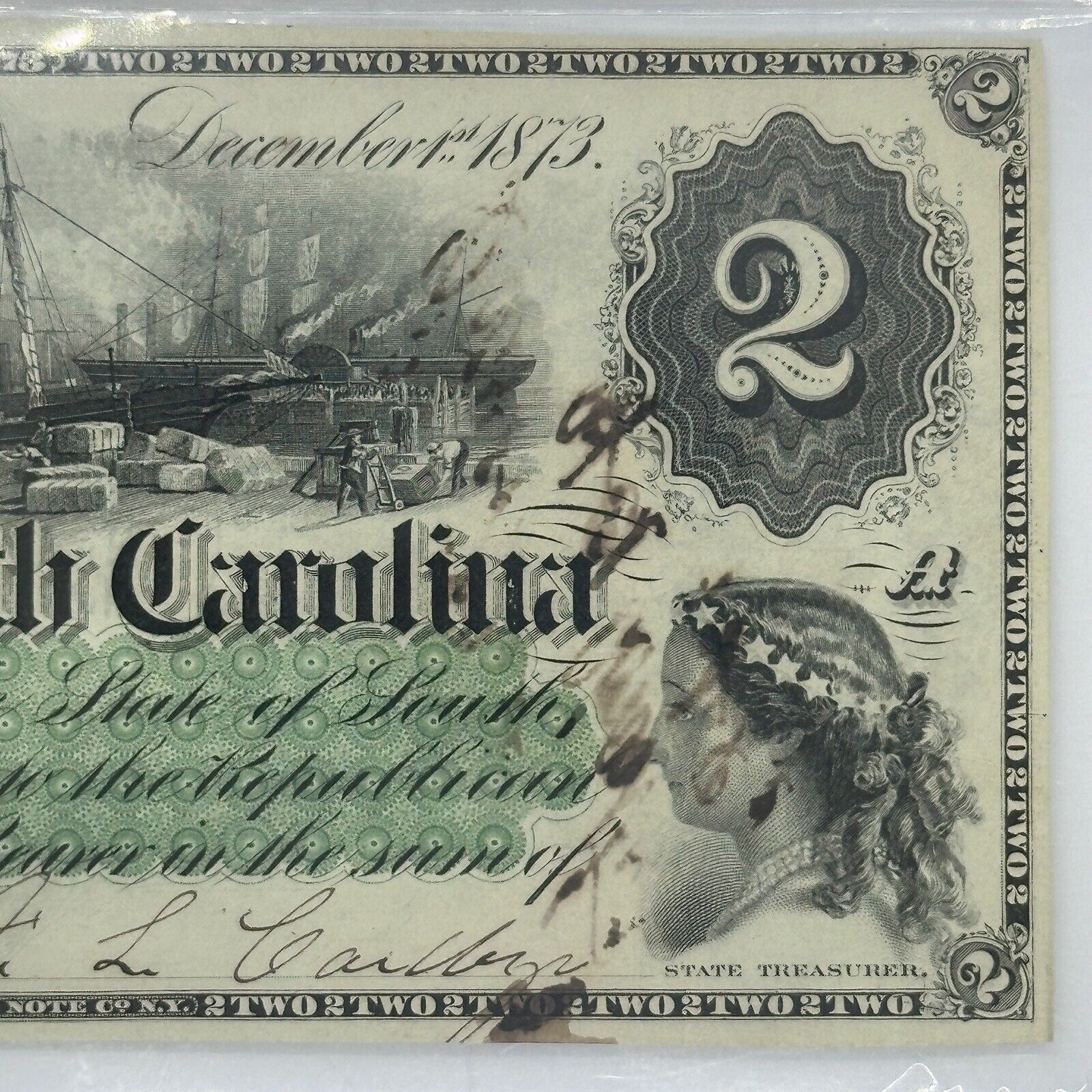 1873 $2 Two Dollar Bill State Of South Carolina Columbia SC Note Choice Unc 63_7