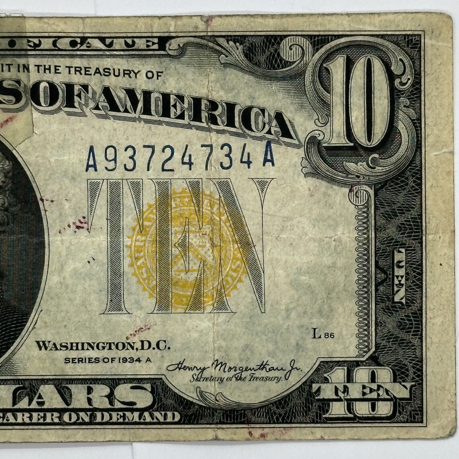 1934 A $10 Dollar Yellow Seal WWII N. Africa Emergency Silver Certificate