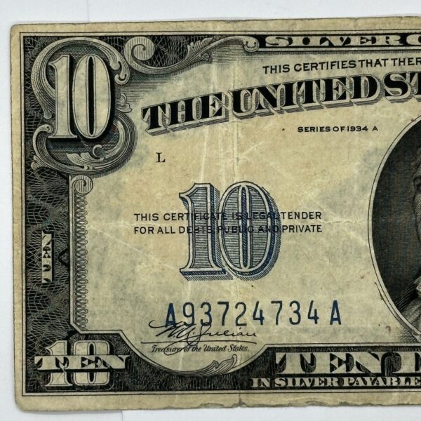 1934 A $10 Dollar Yellow Seal WWII N. Africa Emergency Silver Certificate