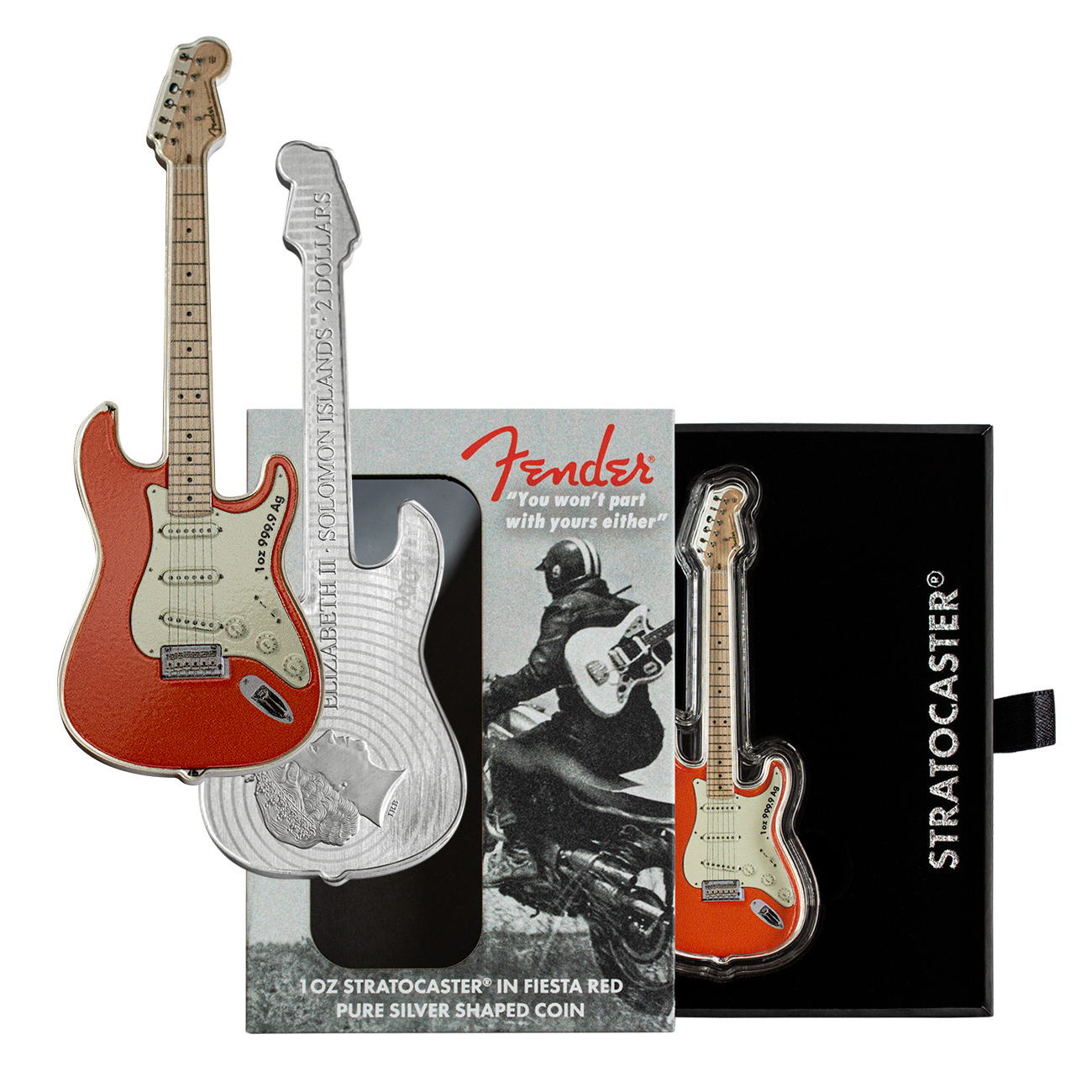 2022 1 oz Silver Fender Stratocaster Fiesta Red Guitar Coin Brand New In Box