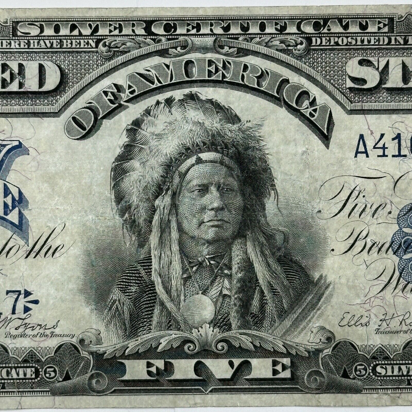 1899 $5 Five Dollar US Silver Certificate Large Note Blue Seal Indian Chief_0