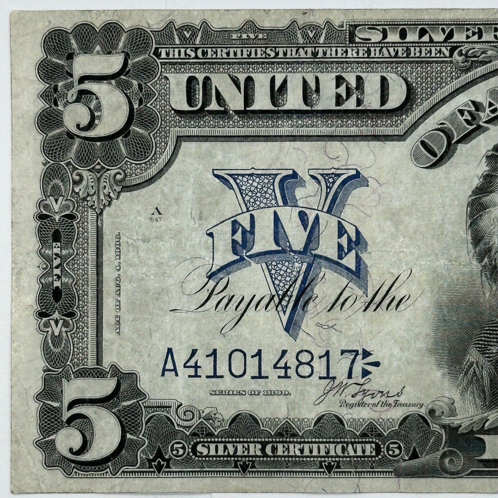 1899 $5 Five Dollar US Silver Certificate Large Note Blue Seal Indian Chief_1