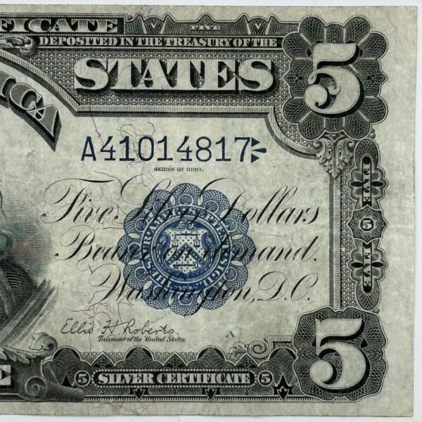 1899 $5 Five Dollar US Silver Certificate Large Note Blue Seal Indian Chief