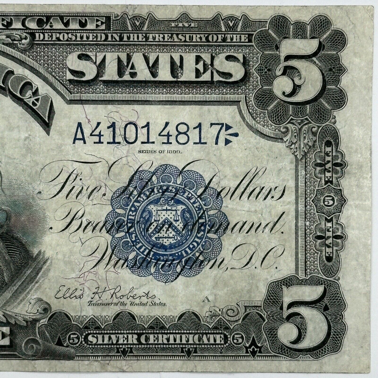 1899 $5 Five Dollar US Silver Certificate Large Note Blue Seal Indian Chief_2