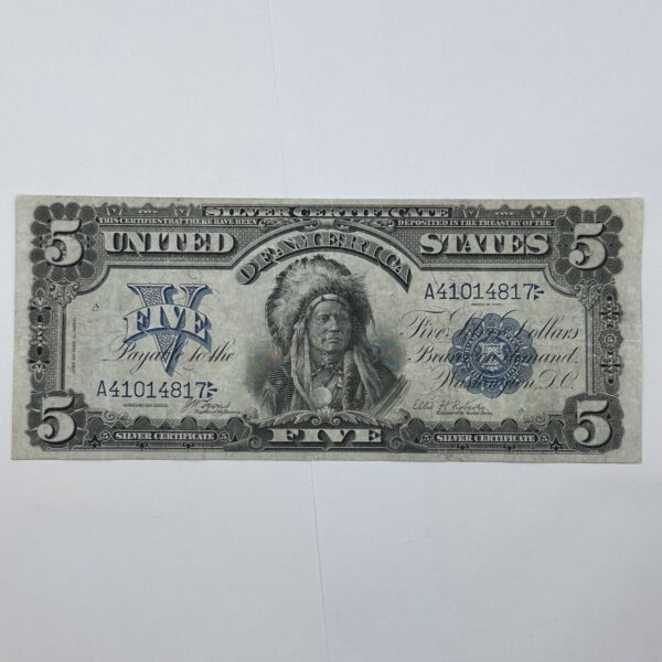 1899 $5 Five Dollar US Silver Certificate Large Note Blue Seal Indian Chief