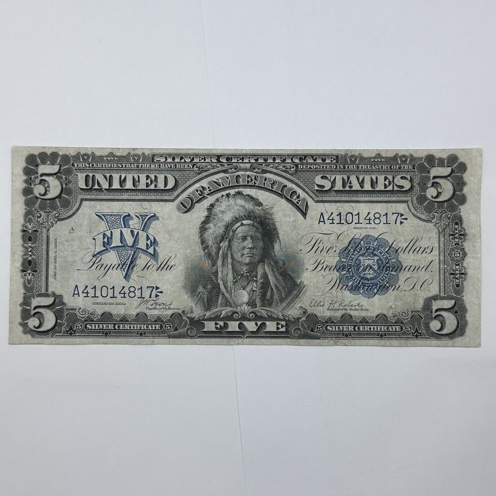 1899 $5 Five Dollar US Silver Certificate Large Note Blue Seal Indian Chief_3