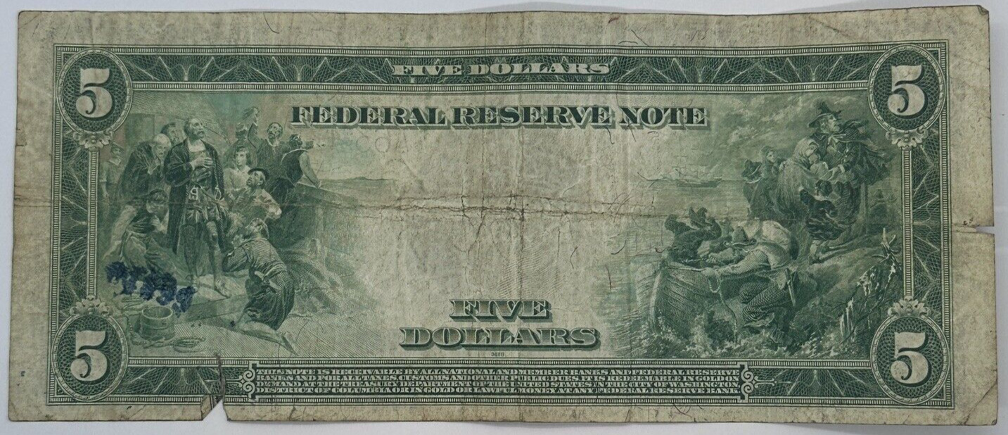 1914 $5 Five Dollar US Federal Reserve Note Blue Seal Large Horse Blanket Note_3