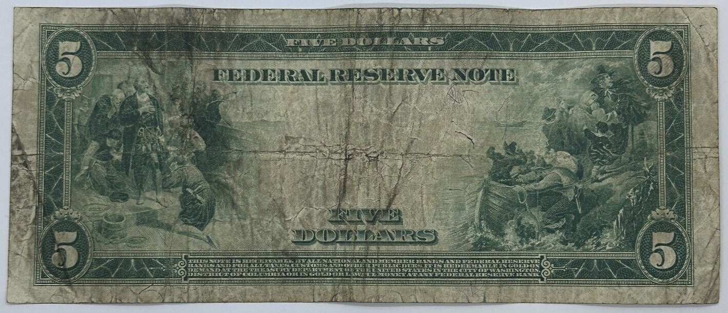 1914 $5 Five Dollar US Federal Reserve Note Blue Seal Large Horse Blanket Note_5