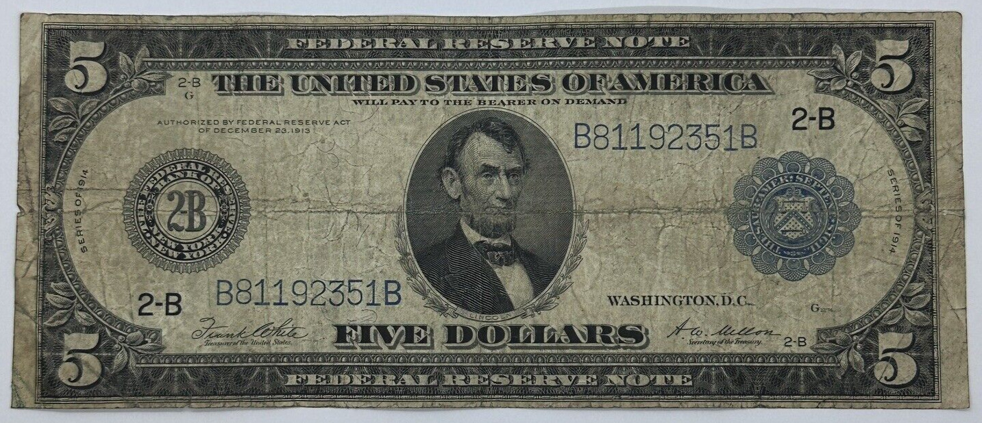 1914 $5 Five Dollar US Federal Reserve Note Blue Seal Large Horse Blanket Note_10