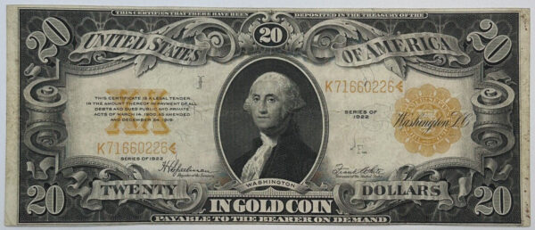 1922 $20 Twenty Dollar United States US Gold Certificate Large Sized Note