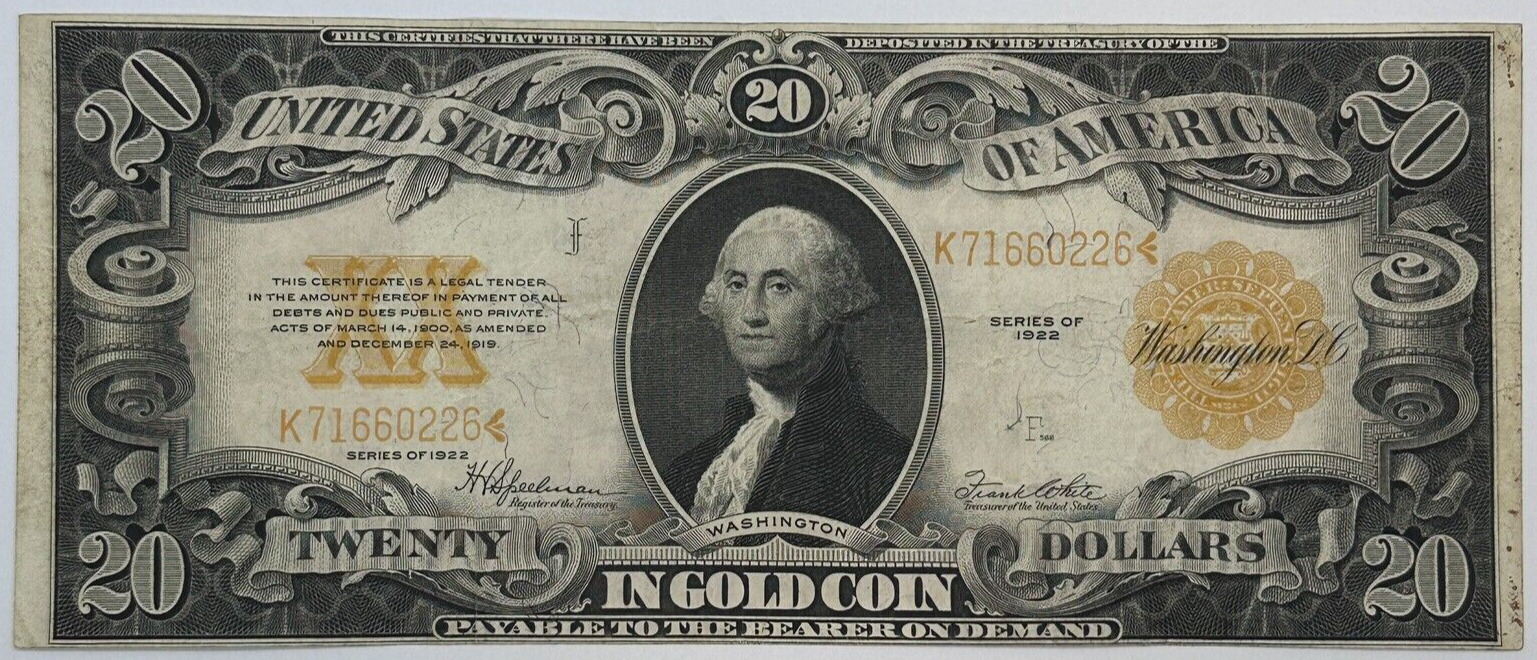 1922 $20 Twenty Dollar United States US Gold Certificate Large Sized Note_0