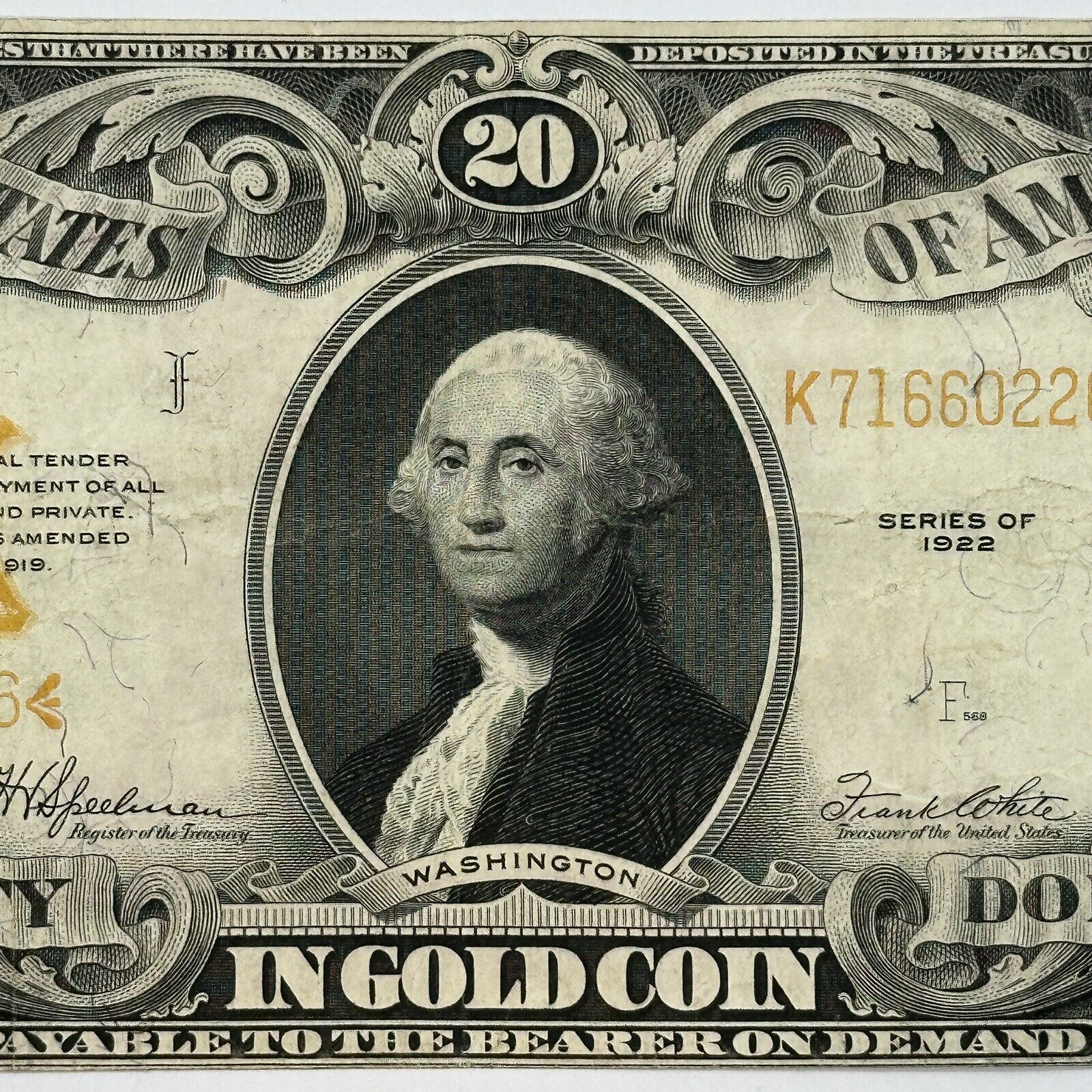 1922 $20 Twenty Dollar United States US Gold Certificate Large Sized Note