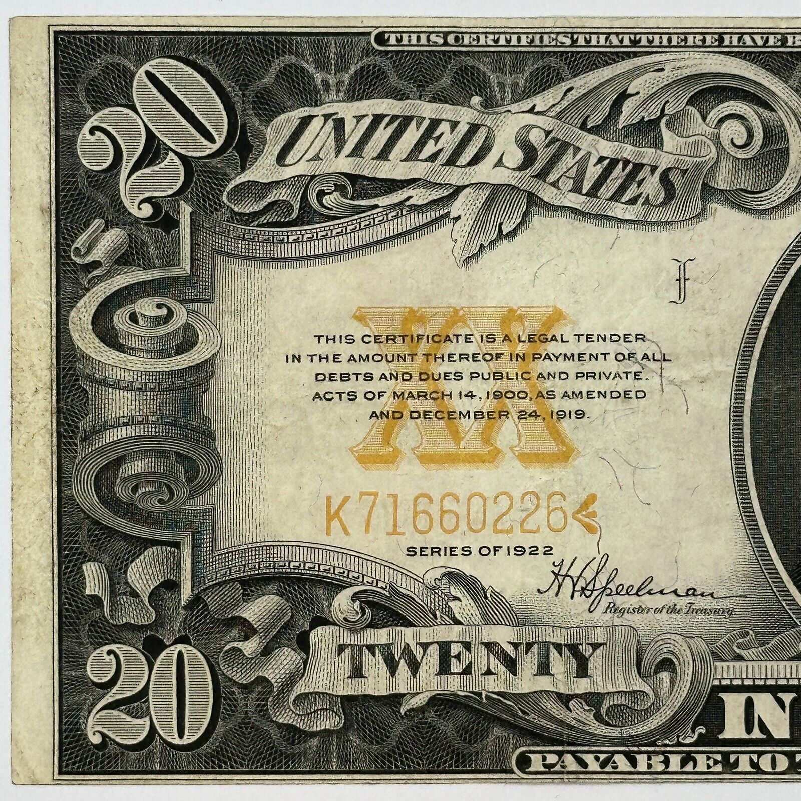 1922 $20 Twenty Dollar United States US Gold Certificate Large Sized Note_2