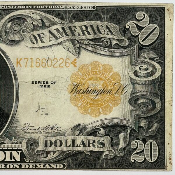 1922 $20 Twenty Dollar United States US Gold Certificate Large Sized Note