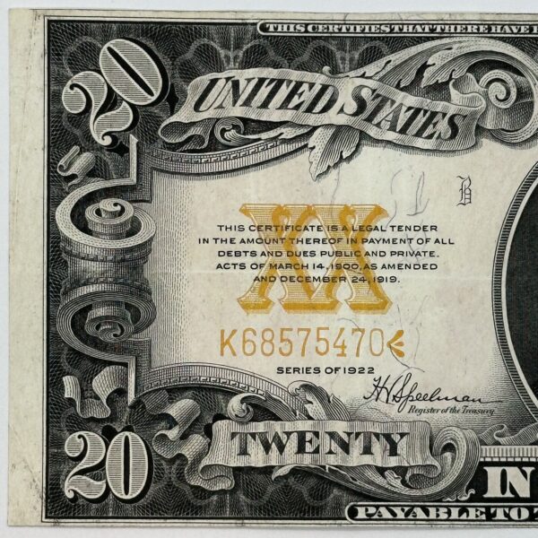 1922 $20 Twenty Dollar United States US Gold Certificate Large Sized Note